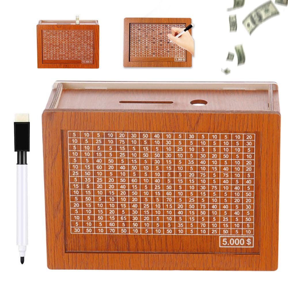 2025 New Cash Vault Wooden Savings Box, Wooden Cash Saver Money Box, Cash Saver Box, Coin Counter Piggy Bank, Money Box with Counter, Wooden Money Box with Money Target and Numbers (5000)