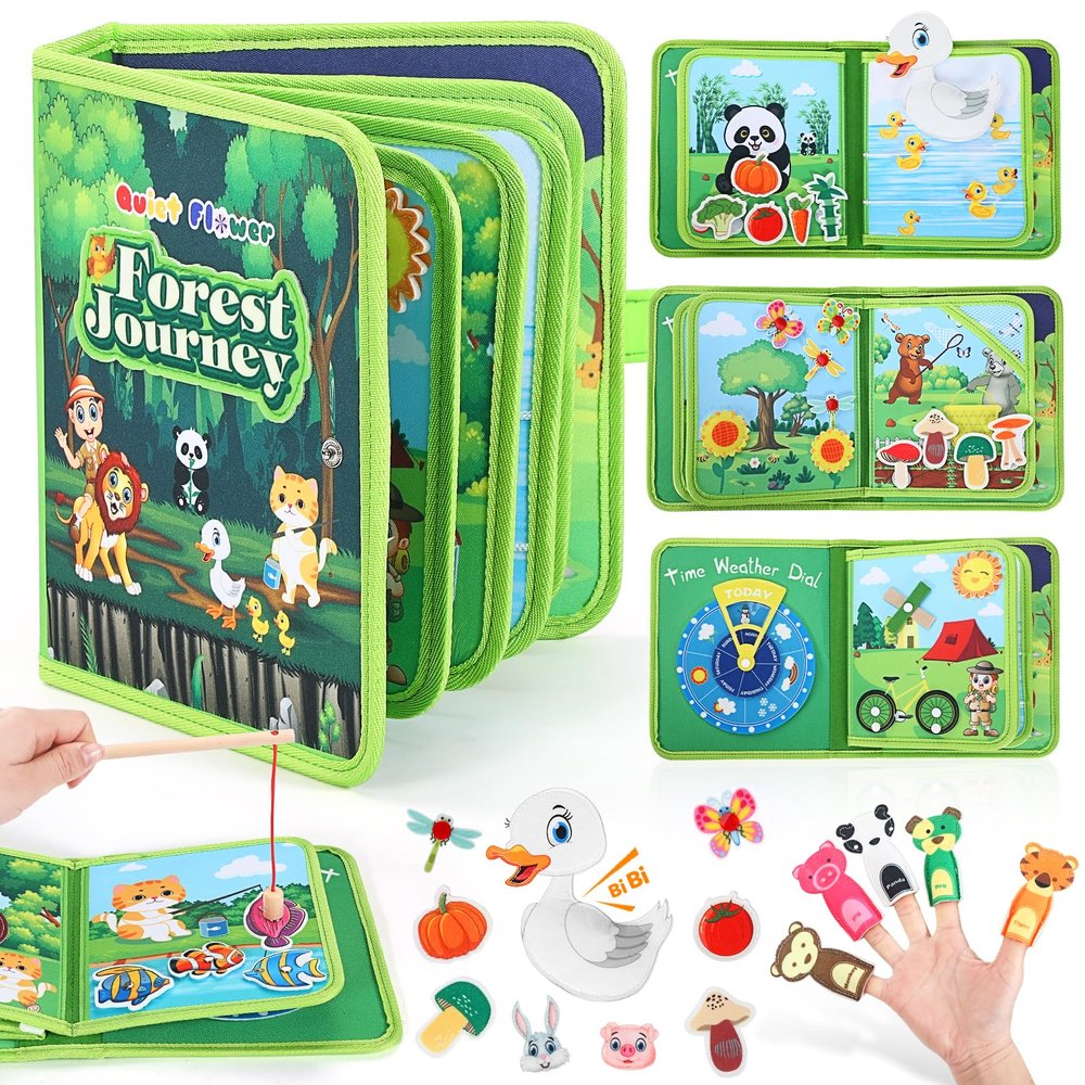 Busy Book for Toddlers 1-3, Montessori Toys Busy Board for 1 Year Old, Upgraded Composite Fabric Animal Forest Quiet Book with Fishing Game, Airplane Travel Essential Activities Birthday Gift Boy Girl