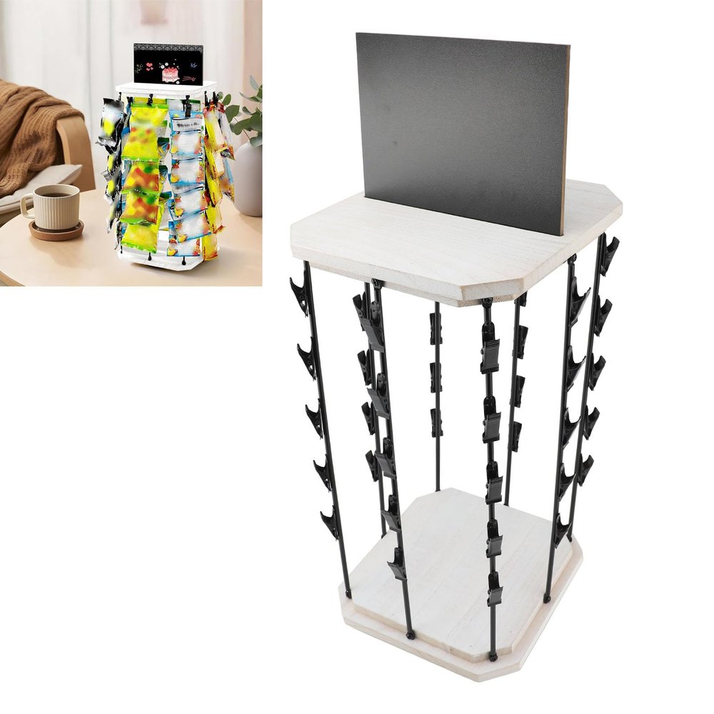 Bewinner Chip Rack Display Stand, 5 Tiers 40 Clips Snack Organizer with Top Writing Pad, 360 Rotating Wooden Base Chip Holder for Party Stall Desktop