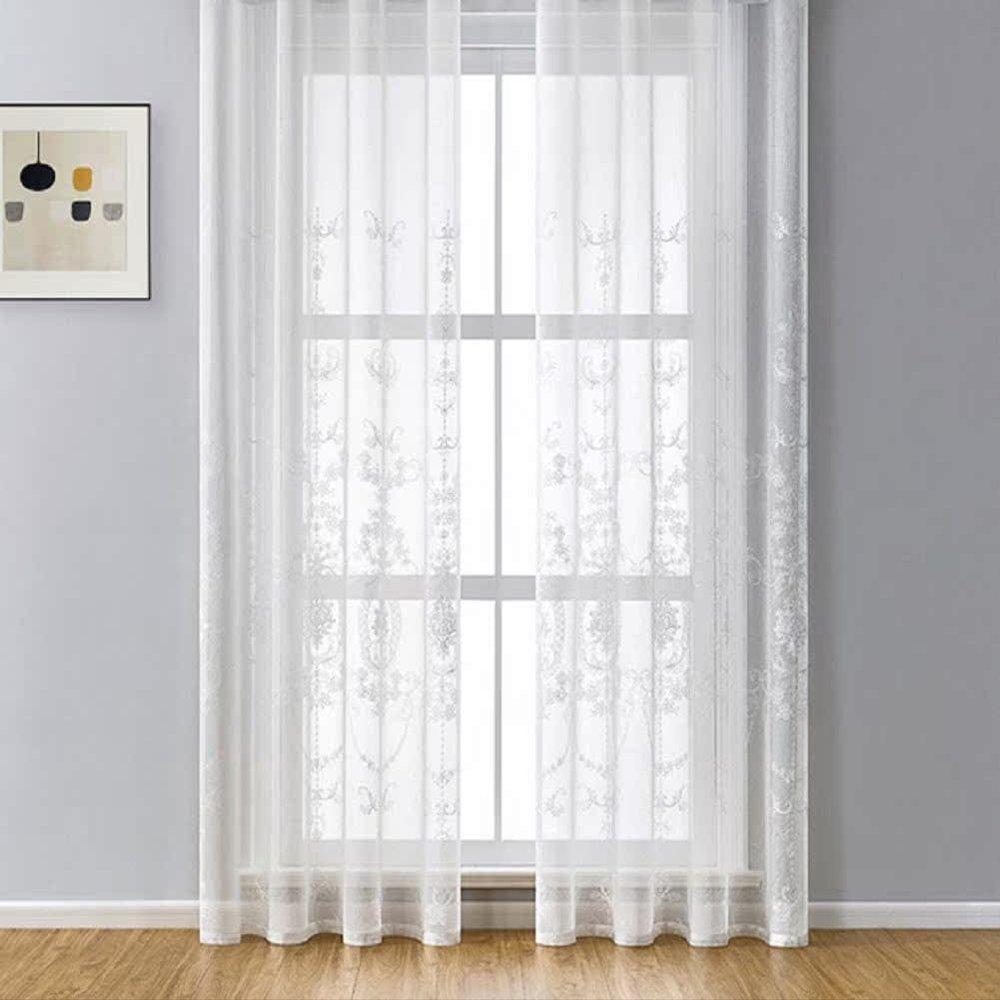 Iuokuby High Grade European Embroidered Kids Baby Room Sheer Curtains Rod Pocket Drapre Voile Fabric for Living Room Bedroom Balcony(1 Panel, W 54 x L 95 inch, White)