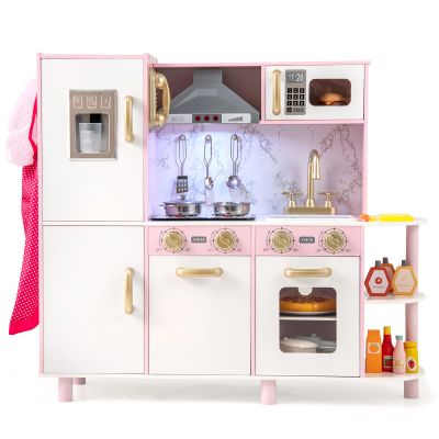 Costzon Kids Kitchen Playset, Wooden Pretend Play Kitchen with Ice Maker, Telephone, Range Hood, Stoves, Sink, Oven, Dessert Table & Accessories, Toy Kitchen Set with Lights & Sounds, Gift for Ages 3+