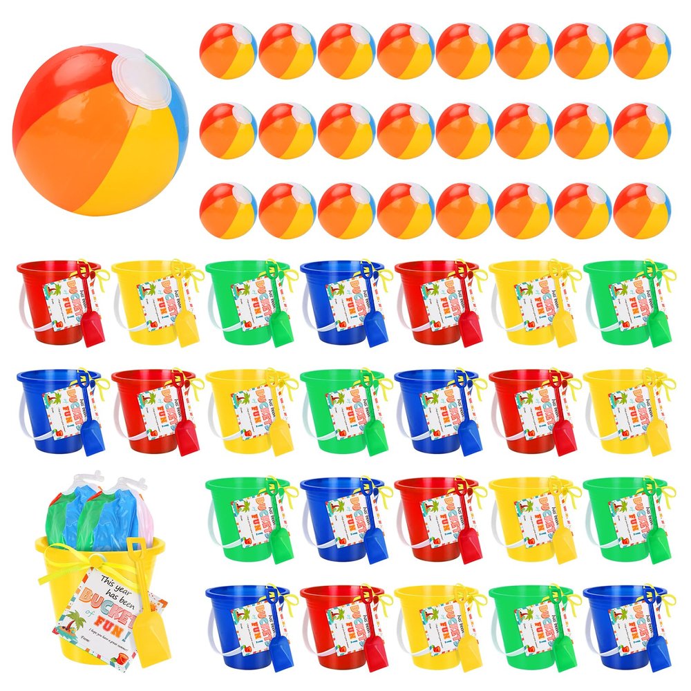 24 Set End of Year Students Gift from Teacher Bulk Bucket and Ball Set with Blessing Card Preschool Kindergarten Graduation Gifts Pool Party Favors Beach Party Favors (Classic Beach Bucket Set)