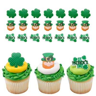 DecoPac St. Patrick's Day Rings, Cupcake Decorations, Cupcake Toppers Featuring Green Shamrock and Leprechauns, Food Safe Cake Topper 24 Pack