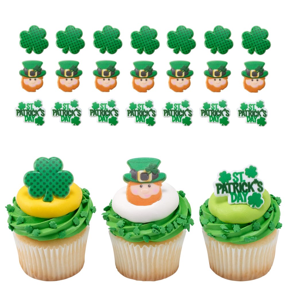 DecoPac St. Patrick's Day Rings, Cupcake Decorations, Cupcake Toppers Featuring Green Shamrock and Leprechauns, Food Safe Cake Topper 24 Pack