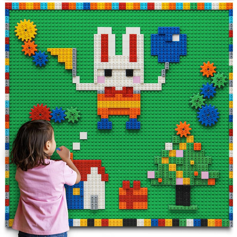 MIMAX Customize Building Block Wall, 470+ PCS Activity Wall Mount Toys Bricks with Self Adhesive Baseplate 9PCS (10"x10") for All Major Brands, Art Build On Table Wall, Green