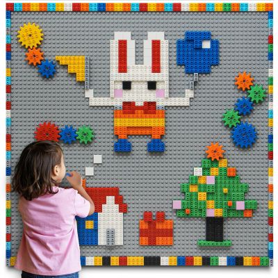 MIMAX Customize Building Block Wall, 470+ PCS Activity Wall Mount Toys Bricks with Self Adhesive Baseplate 9PCS (10"x10") for All Major Brands, Art Build On Table Wall, Gray