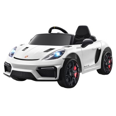 12V Ride on Car Licensed Porsche 718, Kids Electric Car with Remote Control, Front/Rear LED Light, Radio, USB/AUX, Openable Doors, Suspension Function, Durable Tires (White)