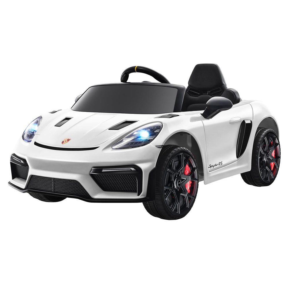 12V Ride on Car Licensed Porsche 718, Kids Electric Car with Remote Control, Front/Rear LED Light, Radio, USB/AUX, Openable Doors, Suspension Function, Durable Tires (White)