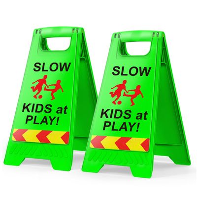 2 Pack Kids at Play Safety Signs for Street, Children at Play Safety Signs with Reflective Tape 17.5" Height Double-Sided Easier to Identify, Slow Down Kids at Play Sign for Street Neighborhoods Community(Green)