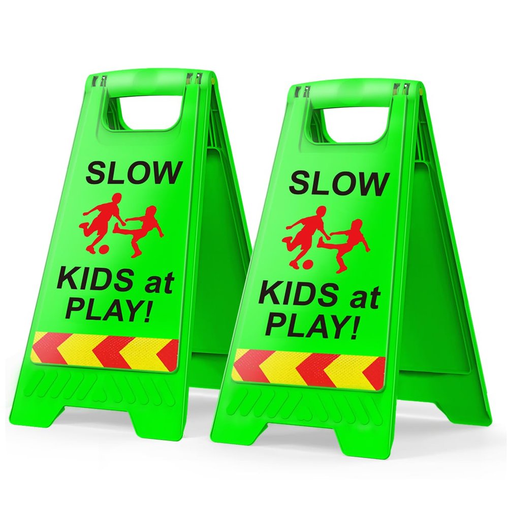 2 Pack Kids at Play Safety Signs for Street, Children at Play Safety Signs with Reflective Tape 17.5" Height Double-Sided Easier to Identify, Slow Down Kids at Play Sign for Street Neighborhoods Community(Green)