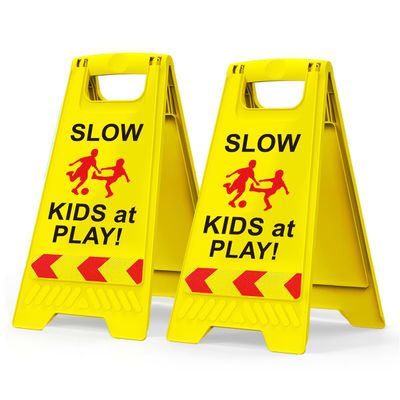 2 Pack Kids at Play Safety Signs for Street, Children at Play Safety Signs with Reflective Tape 17.5" Height Double-Sided Easier to Identify, Slow Down Kids at Play Sign for Street Neighborhoods Community(Yellow)