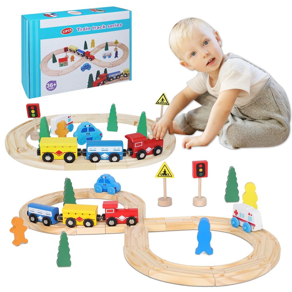 33Pcs Magnetic Wooden Train Set - Expandable Tracks Fit Thomas Brio - Educational Toy Fosters Imagination, Creativity, Logical Thinking, Ideal Birthday for Toddlers Kids Ages 3-6