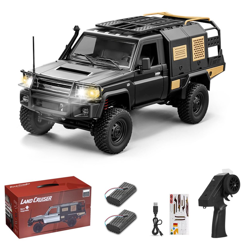 Authticar RC Crawler, 1:12 Scale MN82 New Upgrades MN82S Travel Version RC Crawler, 4WD LC79 Land Cruiser Rock Crawler with Lights, Speed Adjustment, Crane, Tires, Suitcase for Teens Adults (Black)