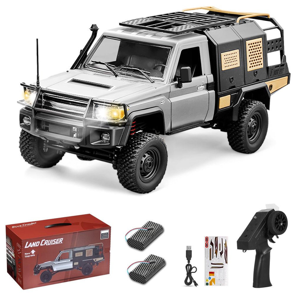 Authticar RC Crawler, 1:12 Scale MN82 New Upgrades MN82S Travel Version RC Crawler, 4WD LC79 Land Cruiser Rock Crawler with Lights, Speed Adjustment, Crane, Tires, Suitcase for Teens Adults (Silver)