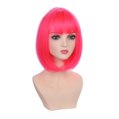 DUDUWIG Kid Hot Pink Wig Girls Short Rose Red Straight Wig Child Neon Pink Wigs with Bangs Hairnet Include
