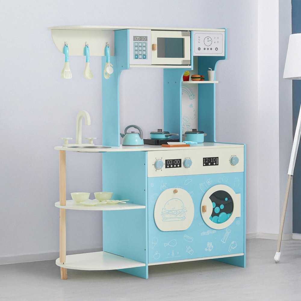 EROMMY Wooden Play Kitchen, Kids Kitchen Playset Kids Cooking Pretend Play Set, Toddler Kitchen with 29 Pcs Toy Food & Cookware Accessories, Interactive Pretend Play Kitchen for Boys and Girls, Blue