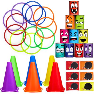 34 Pcs Carnival Game Sets for Kids Family,Bean Bag Ring Toss Knock Down Can,Outdoor Play Toys for Yard Camping Games Outside Sports for Holiday Birthday Halloween Christmas Party