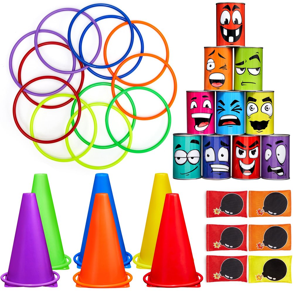 34 Pcs Carnival Game Sets for Kids Family,Bean Bag Ring Toss Knock Down Can,Outdoor Play Toys for Yard Camping Games Outside Sports for Holiday Birthday Halloween Christmas Party