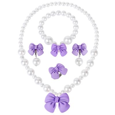 BAOBAOJOY Princess Jewelry for Little Girls, Handmade Bow Pearl Kids Jewelry Set, Stretch Necklace Bracelets Rings and Clip on Earrings, Perfect for Dress Up, Birthday Parties, Costume Play(Purple)