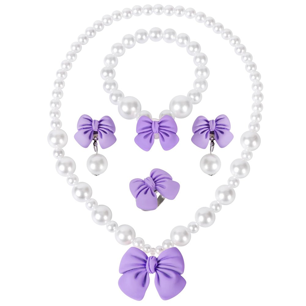 BAOBAOJOY Princess Jewelry for Little Girls, Handmade Bow Pearl Kids Jewelry Set, Stretch Necklace Bracelets Rings and Clip on Earrings, Perfect for Dress Up, Birthday Parties, Costume Play(Purple)