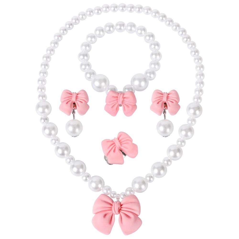 BAOBAOJOY Princess Jewelry for Little Girls, Handmade Bow Pearl Kids Jewelry Set, Stretch Necklace Bracelets Rings and Clip on Earrings, Perfect for Dress Up, Birthday Parties, and Costume Play, Pink