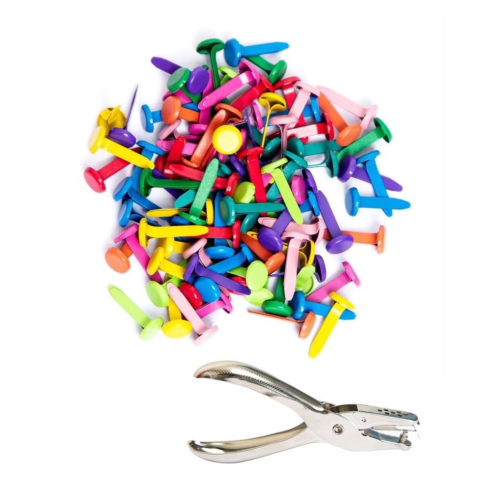 100 Colored Metal Fasteners, Round pins Suitable for Handmade DIY Creative Projects Scraping Cardboard to Make Office Supplies (8mm x 18mm) and Single Hole Metal Punch Pliers