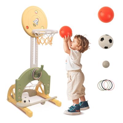 hoopyosms 4-in-1 Toddler Basketball Hoop Indoor Adjustable Height Outdoor Sports Center for Kids Aged 1-3 Basketball, Soccer, Hockey & Ring Toss, Yellow and Green