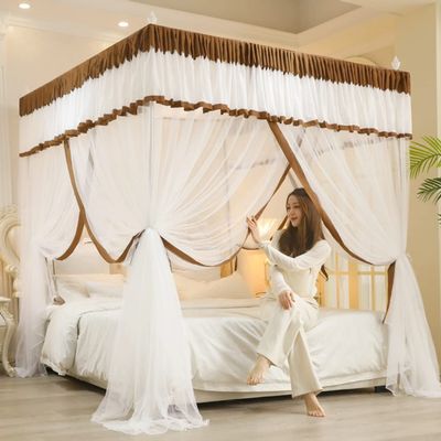 Mosquito Net for Double Bed, 4 Corners Canopy Bed Curtain Mosquito Net Bed with Stainless Steel Bracket, 3 Side Openings Design, Universal Mosquito Mesh Net (25mm),Light Coffee,120 * 200cm
