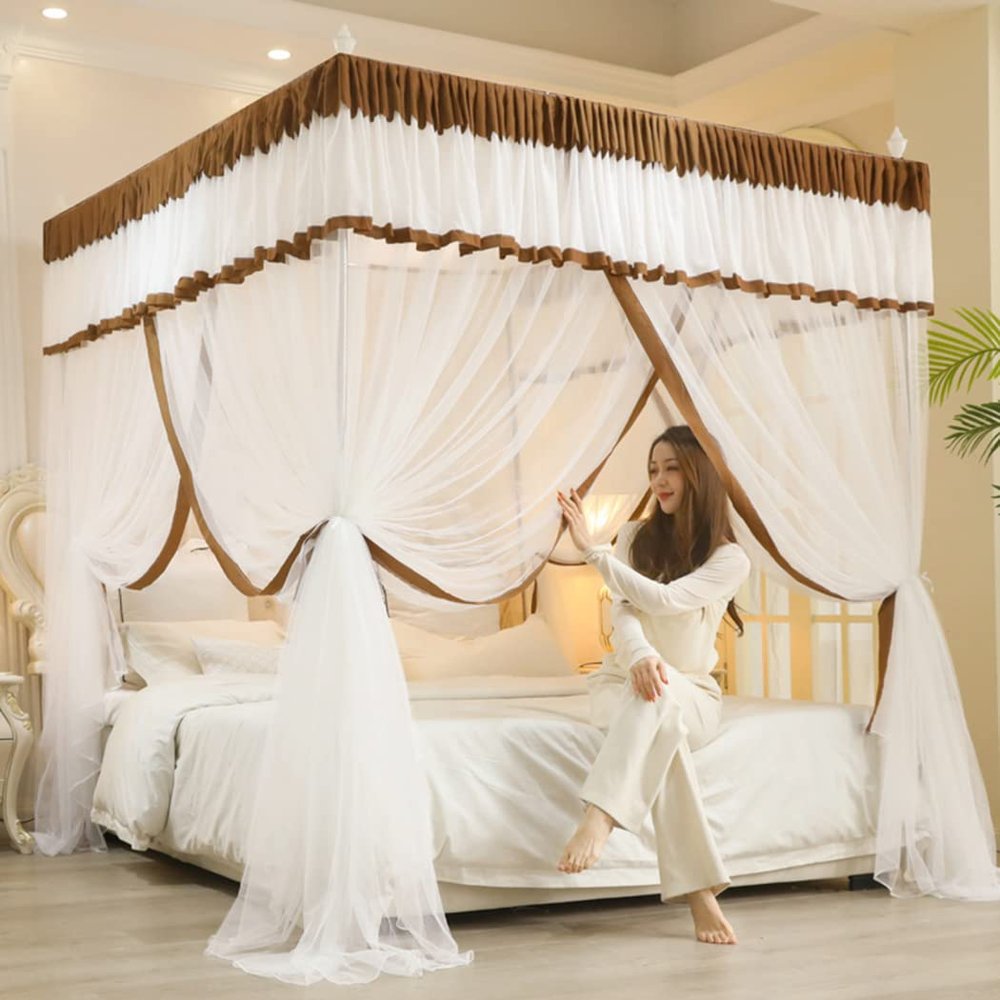 Mosquito Net for Double Bed, 4 Corners Canopy Bed Curtain Mosquito Net Bed with Stainless Steel Bracket, 3 Side Openings Design, Universal Mosquito Mesh Net (25mm),Light Coffee,120 * 200cm