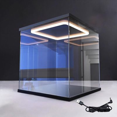 Jievmrs Acrylic Display Case Clear Plastic Display Box with USB Switch Cable, Openable Acrylic Cube Show Case for Storage Memorabilia, Desktop Transparent Bins with Wood Base(55x55x55cm(22"x22"x22"))