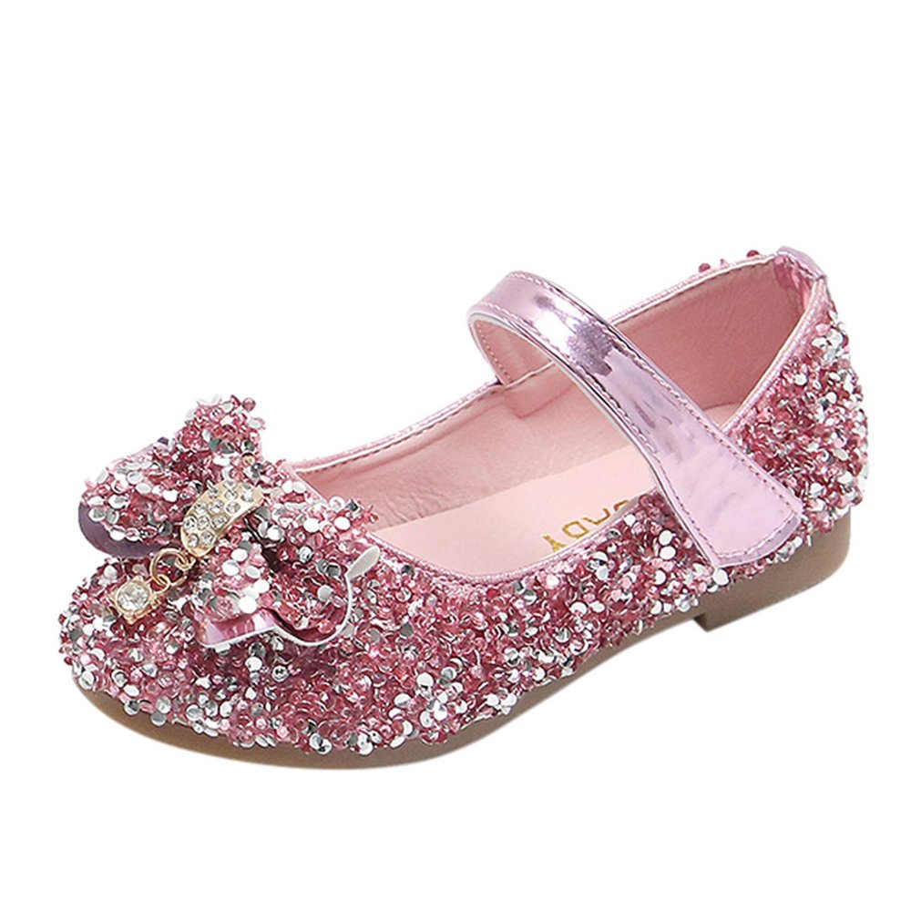 Girl's Dress Shoes Mary Jane Glitter Low Heel Wedding Party Princess Shoes for Toddler Mary Jane Shoes for Girls (Pink, 3.5-4 Years)