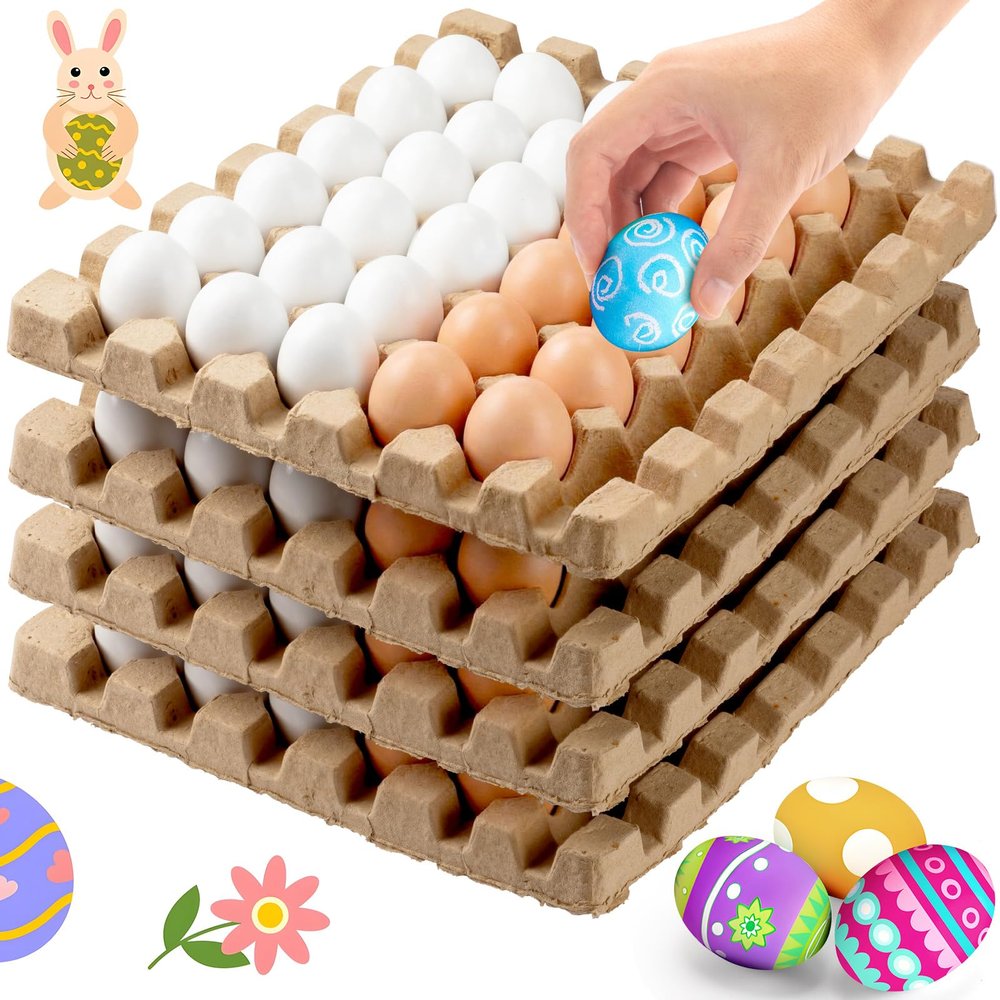 Beeveer 120 Pcs Unpainted Easter Wooden Eggs, Wood Easter Eggs to Paint with Natural Pulp Egg Cartons, Fake Eggs for Easter Egg Decorating, DIY Game, Kitchen Craft Adornment (White,Natural)