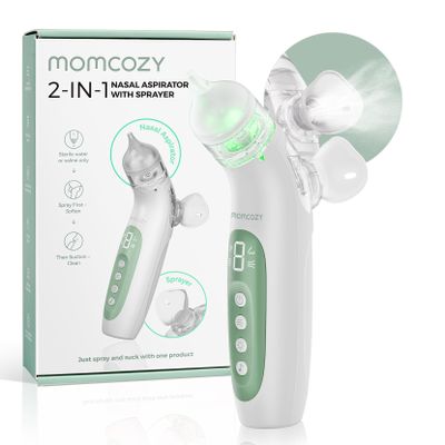 Momcozy BreezyClear 2-in-1 Electric Nasal Aspirator for Baby with Spray, 65kPa Hospital-Grade Suction, 4 Adjustable Levels, Quiet & Portable Nose Cleaner with Soothing Light & Music