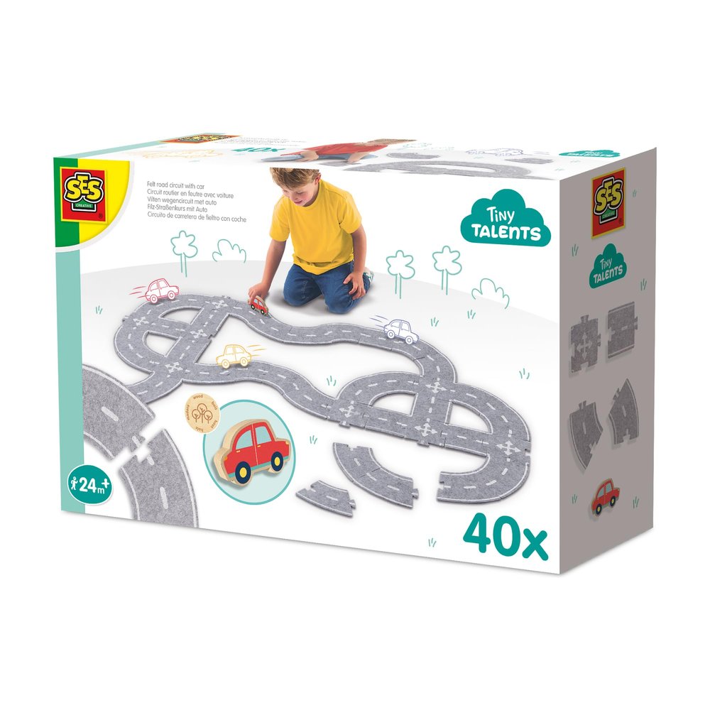 SES Creative 13152 Felt Road Set 40 Pieces with Car - Play Set for Children from 24 Months - Personalise Your Streets with Straight and Curved Parts - Includes a Wooden Car