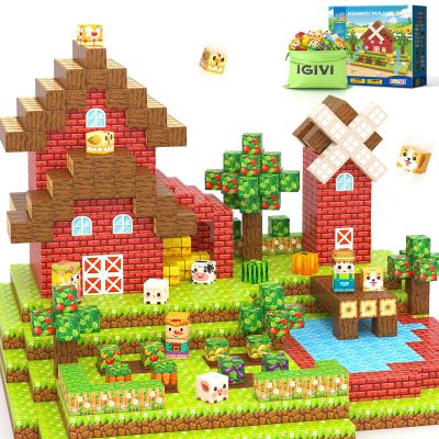 1" Magnetic Blocks - Build Mine Magnet World Farm Animals Set, 100PCS Vibrant Colorful Magnetic Blocks with Ultra Magnet Strength for Kids Ages 3-12, STEM Toys Ideal Gifts for 3+ Years Old Boys Girls
