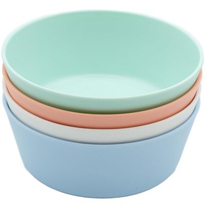 WeeSprout Bamboo Kids Bowls, Set of Four 10 oz Kid-Sized Bamboo Bowls, Dishwasher Safe Kid Bowls (Pastel Coral, Blue, Mint & Off White)