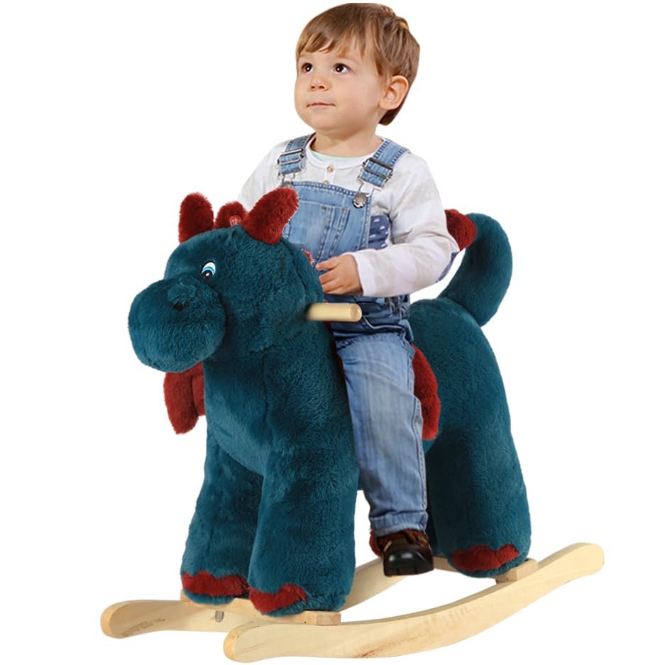 Rocking Horse Dragon, Baby Animal Rocker, Plush Rocking Horse with Sweet Music, Ride on Horse,Wooden Rocking Horse for Toddlers 18+ Months, (Blue Dragon), CPC Certified