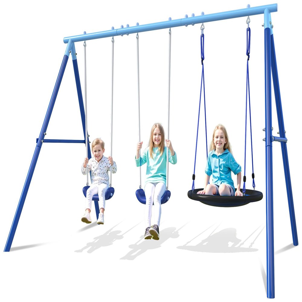 3-in-1 Swing Set for Backyard for Kids 3-8, 550lbs, Heavy Duty Metal A-Frame for Outdoor Playset, Two Blow-Molded Swing Seats and One 32-inch Saucer Swing for Kids Playground