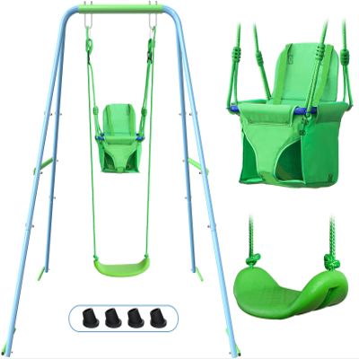 2-in-1 My First Toddler Swing Set for Backyard, Baby Indoor/Outdoor Swing with Foldable Stand, Belt & Soft Swing Seat with Safety Harness & Height Adjuster, Suitable for Children 6 Months and Older