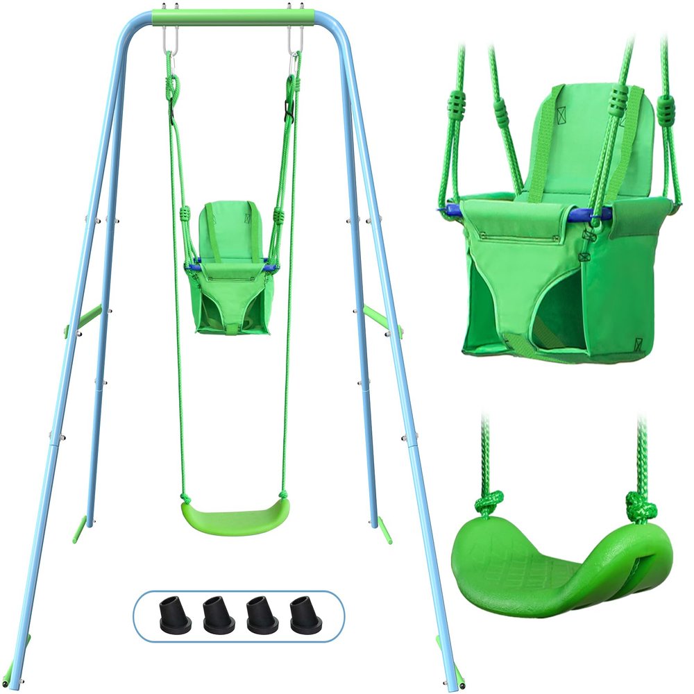 2-in-1 My First Toddler Swing Set for Backyard, Baby Indoor/Outdoor Swing with Foldable Stand, Belt & Soft Swing Seat with Safety Harness & Height Adjuster, Suitable for Children 6 Months and Older