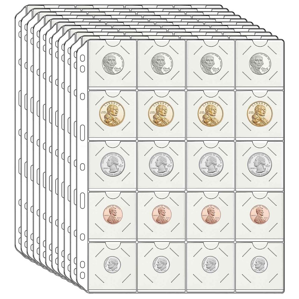 11 Sheets Coin Pocket Pages for 2" x 2" Cardboard Coin Flips, Standard 9-Hole for Coins Coin Binder Collection Supplies Pages(220 Pockets)