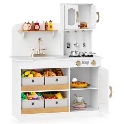 GLACER Play Kitchen with Storage, Wooden Toy Kitchen w/4 Storage Bins, Cupboard, Oven, Sink & Faucet, Pretend Toddler Kitchen w/Cooking Accessories, Kids Kitchen Playset, Gift for Children Ages 3+