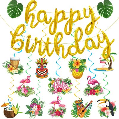 27pcs Luau Birthday Party Decorations, Gold Happy Birthday Balloons Banner with Leaves 12pcs Hawaiian Hanging Swirls for Aloha Hawaiian Luau party Decorations Tropical Party Decorations