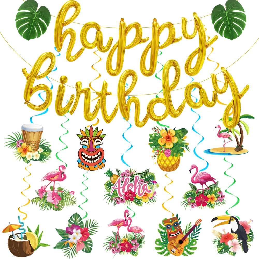 27pcs Luau Birthday Party Decorations, Gold Happy Birthday Balloons Banner with Leaves 12pcs Hawaiian Hanging Swirls for Aloha Hawaiian Luau party Decorations Tropical Party Decorations