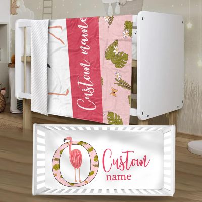 Personalized Baby Crib Bedding Set - Custom Name Pink Flamingo Baby Bedding Set - Soft Double Layer Dotted Blanket and Fitted Sheet, Nursery Bedding for Newborn, Boys Girls Perfect Shower Gift