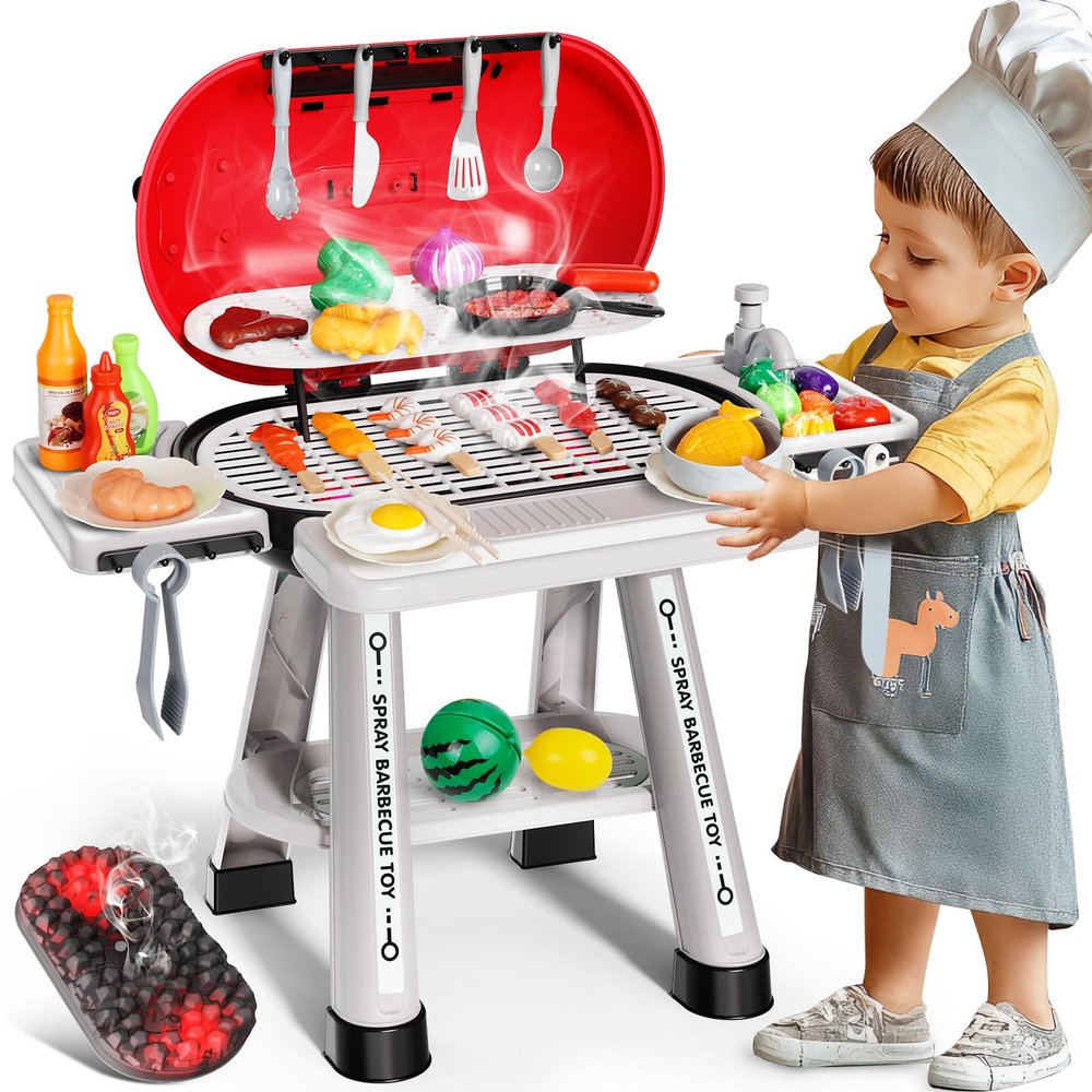 68 Pcs BBQ Grill Playset - with Smoke, Light, Sound & Play Food, Kids Toys Kitchen Play Set, Outdoor Play Grill Toy for Toddlers 3 4 5 6 7 8, Birthday Gifts for 3-8 Years Old Boy Girls