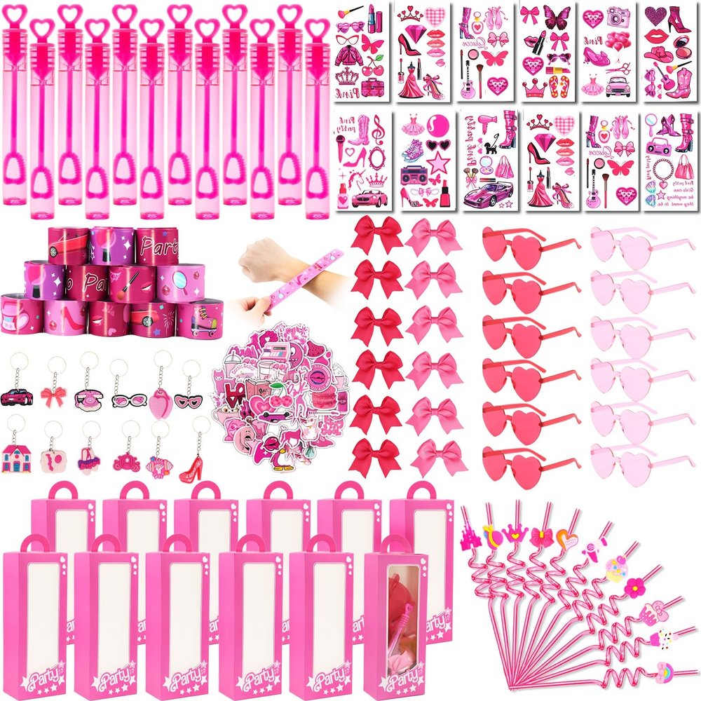 156PCS Pink Girls Party Favors - Little Girl's Birthday Supplies Set with Heart Glasses, Bubble Sticks, Bracelets, Stickers, and More  Ideal Goodie Bag Stuffers for Birthday Party Decorations