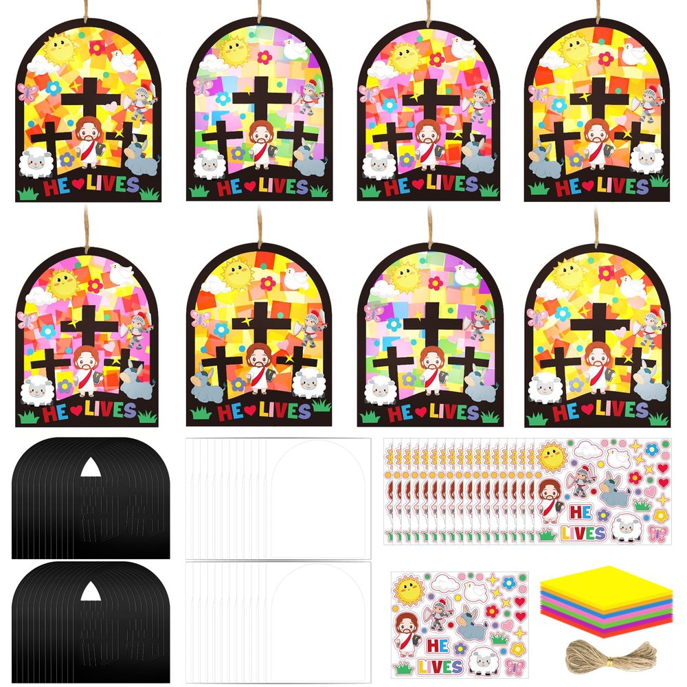 24 Sets Religious Easter Suncatchers Crafts Kit Christian Tissue Paper Kits DIY Easter Church VBS Suncatchers Lent Craft Art Resurrection Hanging Ornament for Sunday Game Activities Window Art