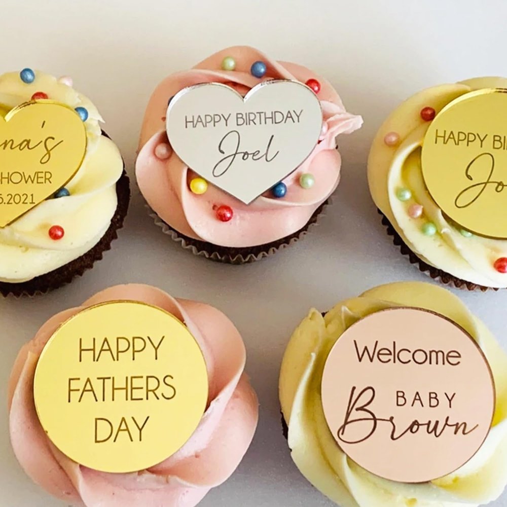 20/50/100Pcs Personalized Name Date Tag Custom Acrylic Circle Heart Cupcake Topper Tag Happy Birthday Wedding Baby Baptism Party Supplies Gift(100Pcs)