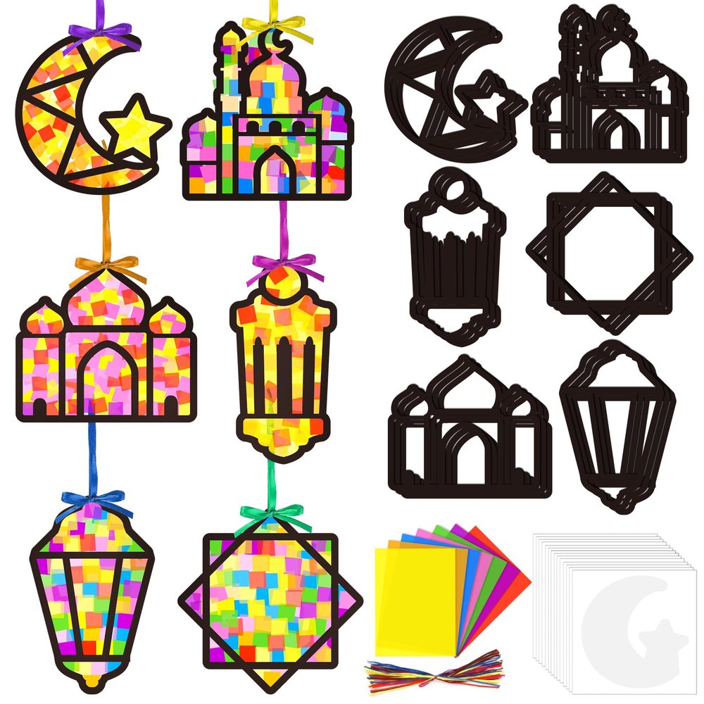 24 Ramadan Suncatchers Craft Kits Eid Mubarak Ornaments Stained Glass Window Arts and Crafts Kit for DIY Eid Classroom Home Holiday Projects Art Activities Religious Hanging Ornament Decoration